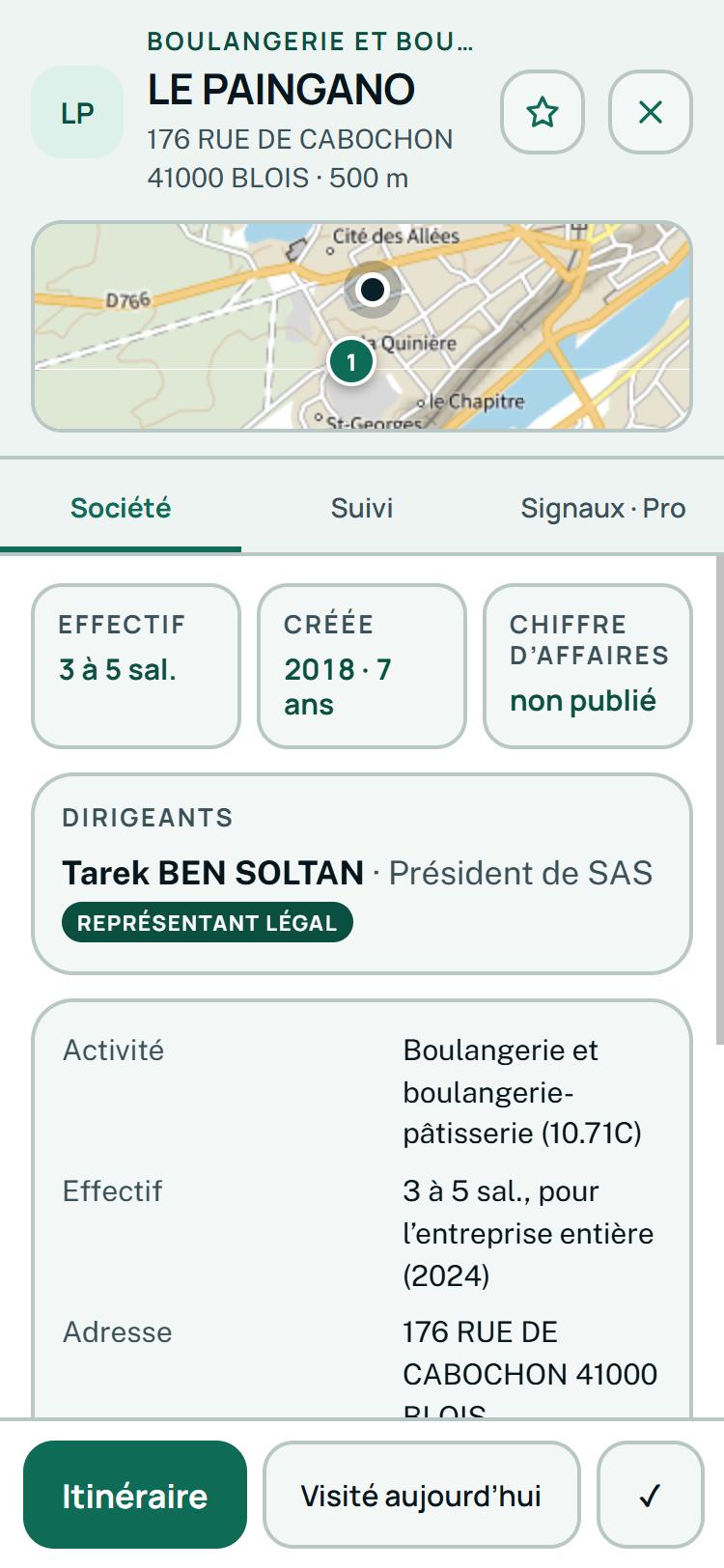La fiche d’une société : effectif, distance, score de priorité